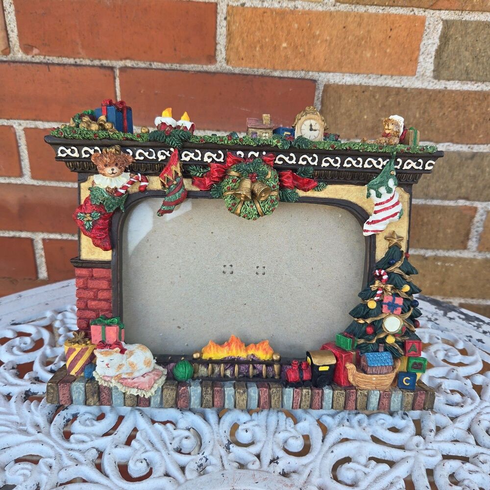 Vintage Christmas Fireplace Photo Frame 5x7 Resin Tree Teddy Bear Toys